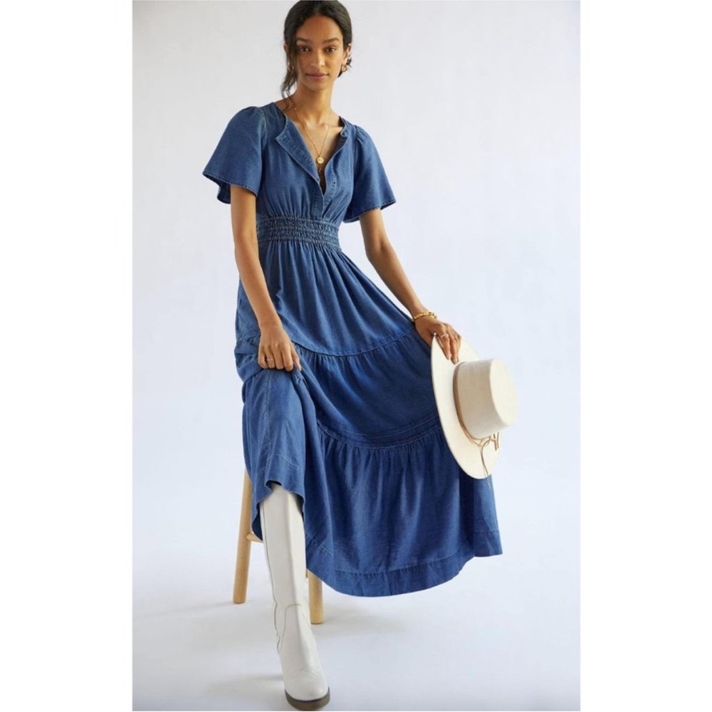 Maeve Indigo Blue Smocked-Waist Tiered Maxi Dress